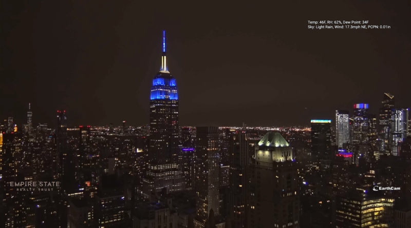 The Empire State Building at Night lit up in blue and gold