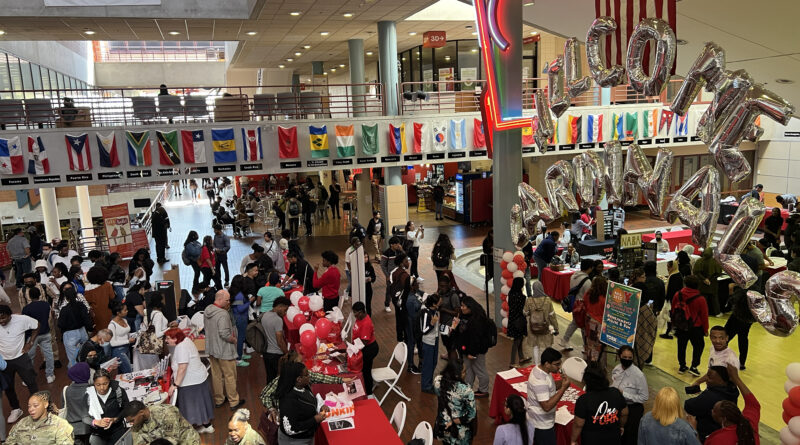 The York College Atrium with Students, staff and faculty during the club fair